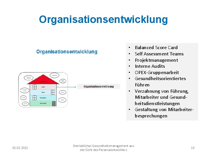 Organisationsentwicklung Balanced Score Card Self Assessment Teams Projektmanagement Interne Audits OPEX-Gruppenarbeit Gesundheitsorientiertes Führen •