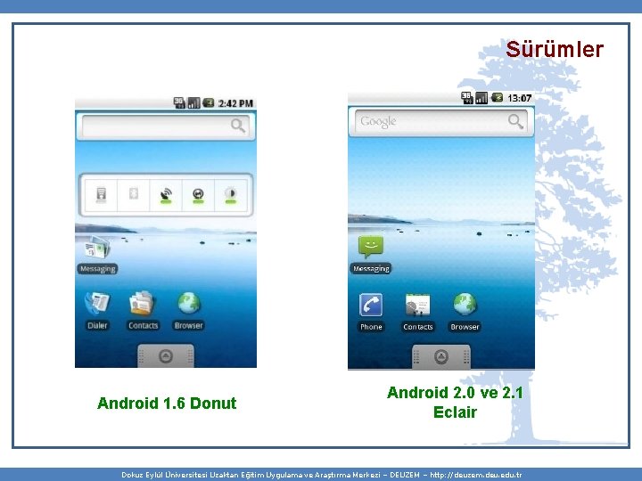 Sürümler Android 1. 6 Donut Android 2. 0 ve 2. 1 Eclair Dokuz Eylül