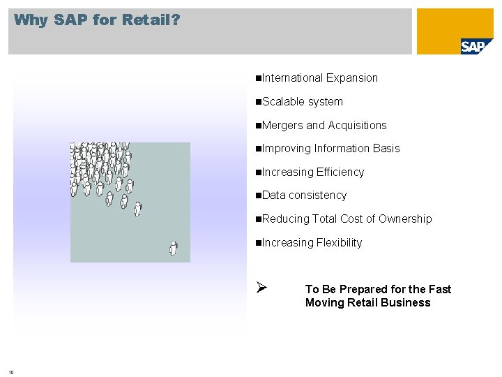 Why SAP for Retail? International Scalable system Mergers and Acquisitions Improving Information Basis Increasing