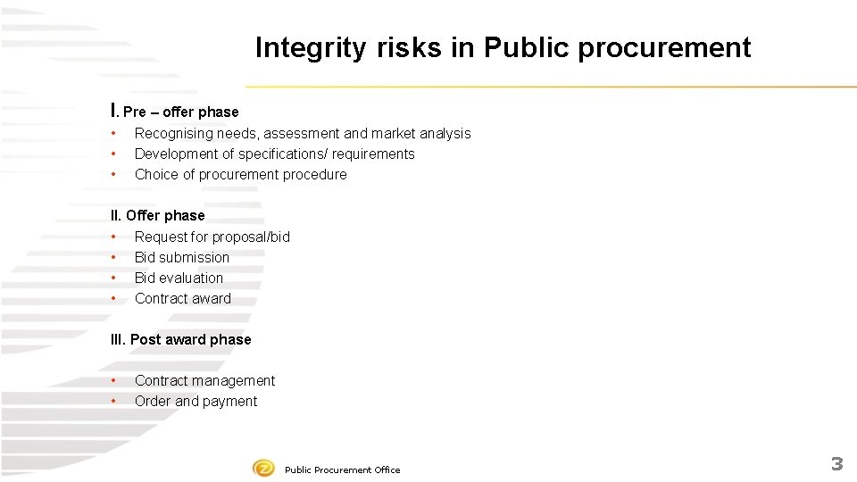 Integrity risks in Public procurement I. Pre – offer phase • • • Recognising