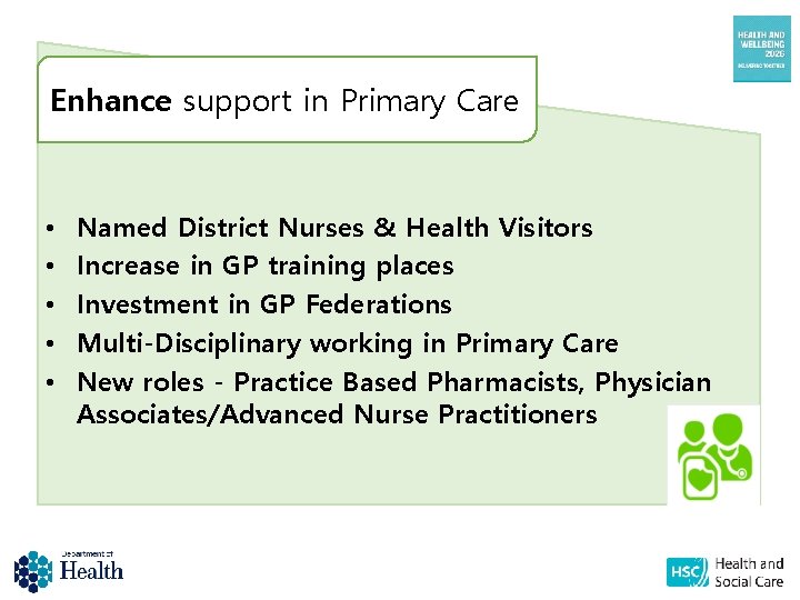 Enhance support in Primary Care • • • Named District Nurses & Health Visitors