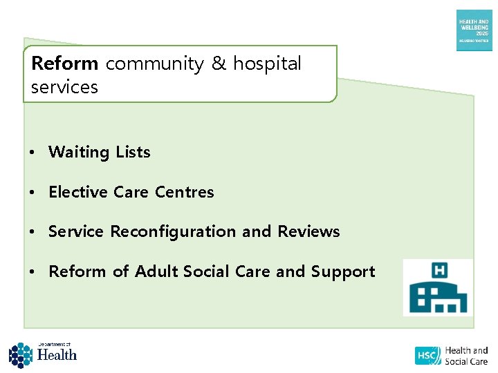 Reform community & hospital services • Waiting Lists • Elective Care Centres • Service