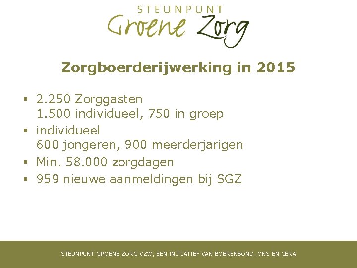 Zorgboerderijwerking in 2015 § 2. 250 Zorggasten 1. 500 individueel, 750 in groep §