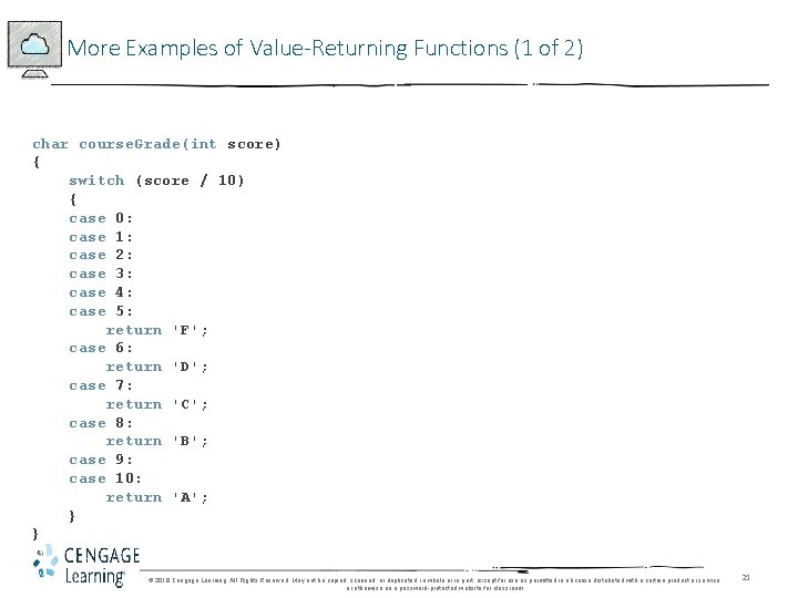 More Examples of Value-Returning Functions (1 of 2) char course. Grade(int score) { switch
