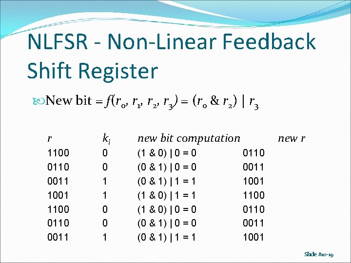 NLFSR - Non-Linear Feedback Shift Register New bit = f(r 0, r 1, r NLFSR - Non-Linear Feedback Shift Register New bit = f(r 0, r 1, r