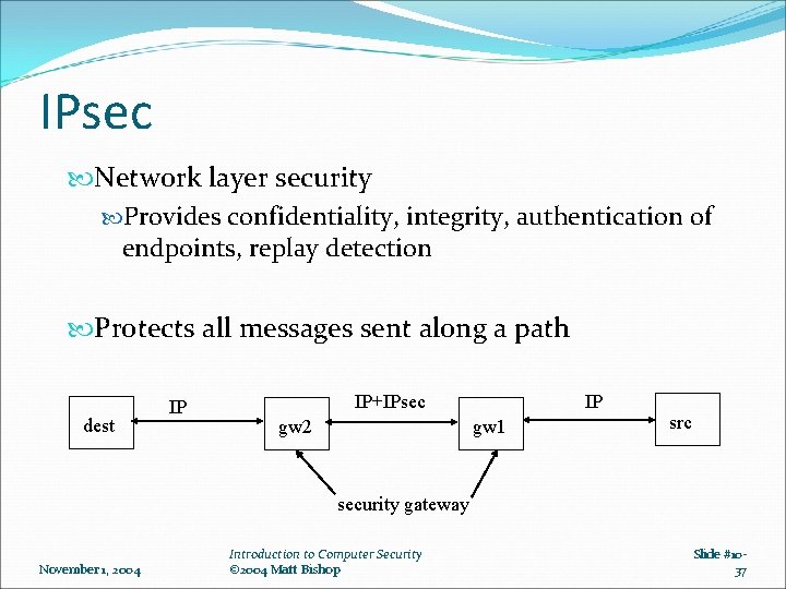 IPsec Network layer security Provides confidentiality, integrity, authentication of endpoints, replay detection Protects all IPsec Network layer security Provides confidentiality, integrity, authentication of endpoints, replay detection Protects all