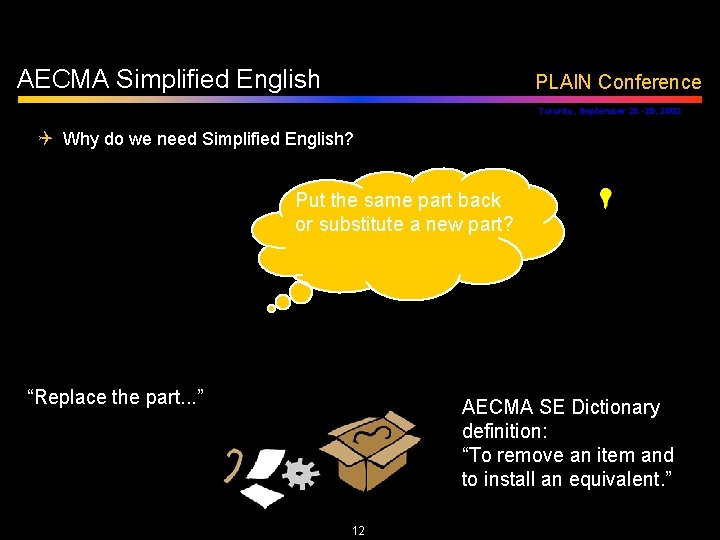 AECMA Simplified English PLAIN Conference Toronto, September 26 -29, 2002 Q Why do we