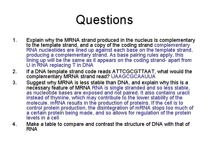 Questions 1. 2. 3. 4. Explain why the MRNA strand produced in the nucleus