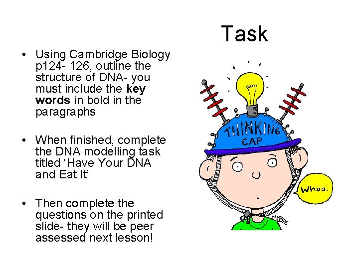 Task • Using Cambridge Biology p 124 - 126, outline the structure of DNA-