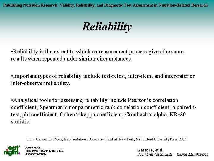 Publishing Nutrition Research: Validity, Reliability, and Diagnostic Test Assessment in Nutrition-Related Research Baseline data