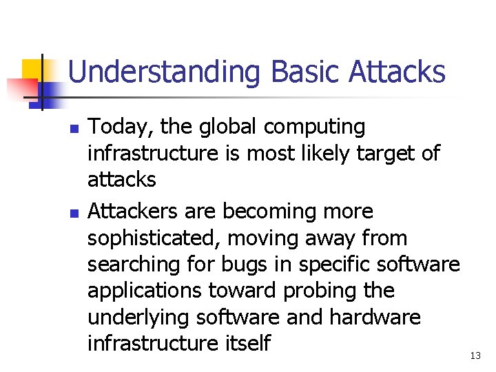 Understanding Basic Attacks n n Today, the global computing infrastructure is most likely target Understanding Basic Attacks n n Today, the global computing infrastructure is most likely target