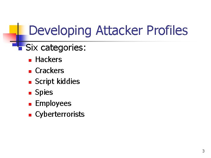 Developing Attacker Profiles n Six categories: n n n Hackers Crackers Script kiddies Spies Developing Attacker Profiles n Six categories: n n n Hackers Crackers Script kiddies Spies