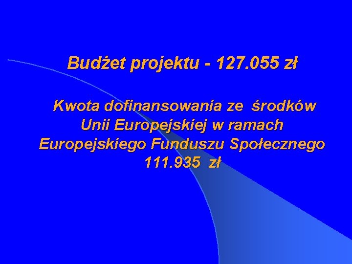 Budżet projektu - 127. 055 zł Kwota dofinansowania ze środków Unii Europejskiej w ramach