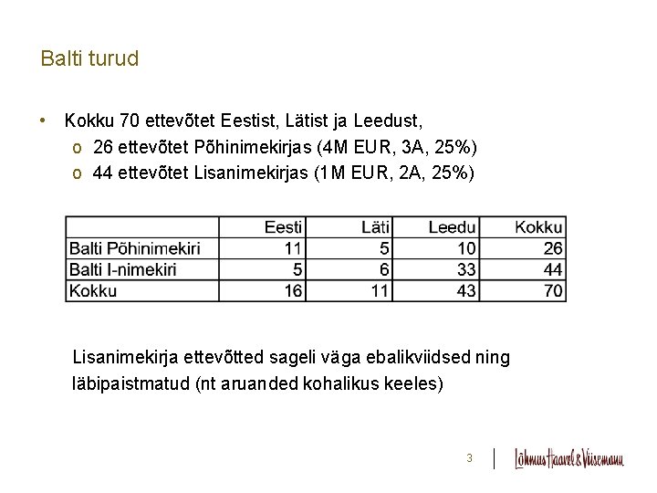 Balti turud • Kokku 70 ettevõtet Eestist, Lätist ja Leedust, o 26 ettevõtet Põhinimekirjas
