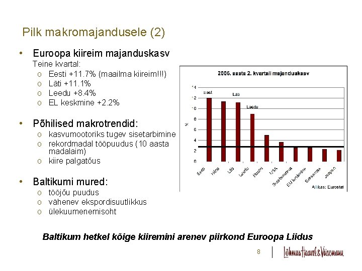 Pilk makromajandusele (2) • Euroopa kiireim majanduskasv Teine kvartal: o Eesti +11. 7% (maailma