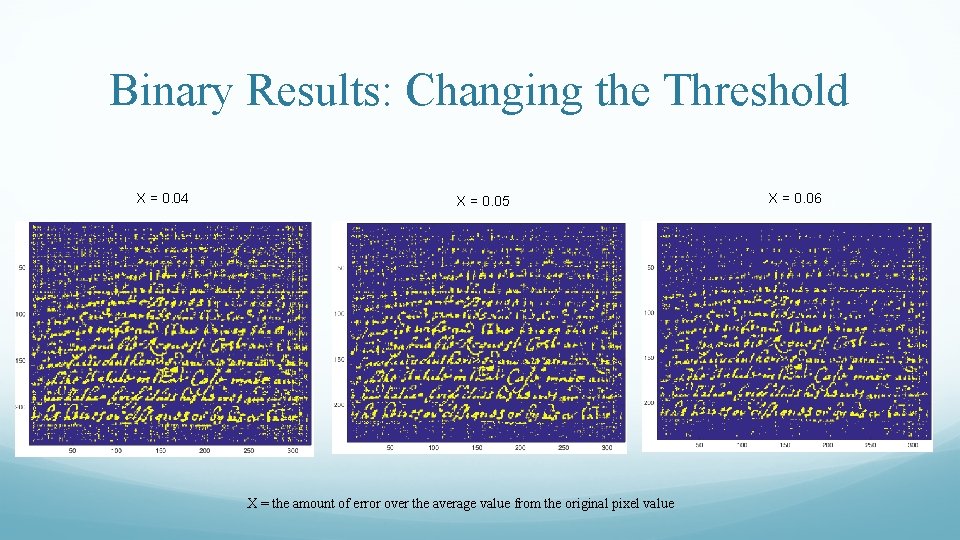Binary Results: Changing the Threshold X = 0. 04 X = 0. 05 X Binary Results: Changing the Threshold X = 0. 04 X = 0. 05 X