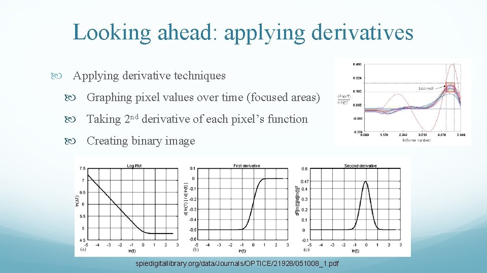 Looking ahead: applying derivatives Applying derivative techniques Graphing pixel values over time (focused areas)