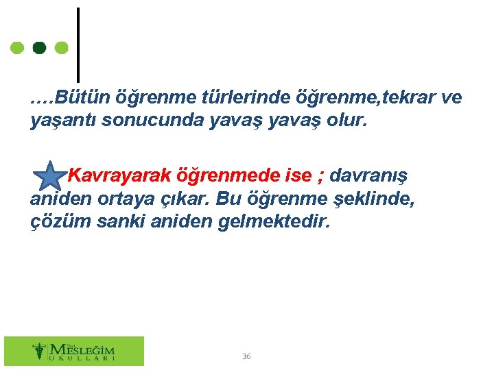 …. Bütün öğrenme türlerinde öğrenme, tekrar ve yaşantı sonucunda yavaş olur. Kavrayarak öğrenmede ise