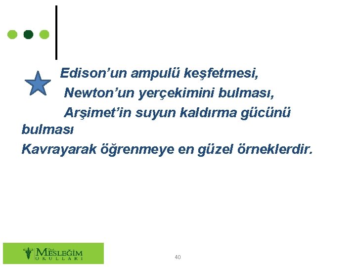 Edison’un ampulü keşfetmesi, Newton’un yerçekimini bulması, Arşimet’in suyun kaldırma gücünü bulması Kavrayarak öğrenmeye en