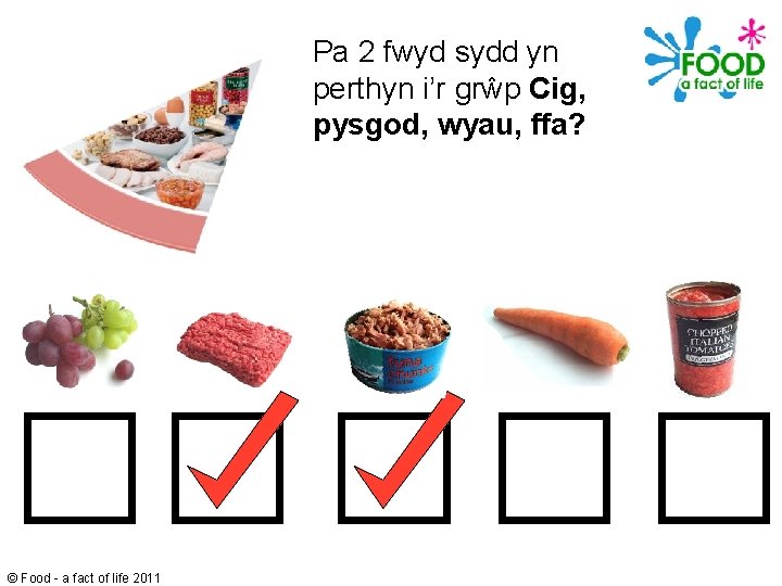 Pa 2 fwyd sydd yn perthyn i’r grŵp Cig, pysgod, wyau, ffa? © Food