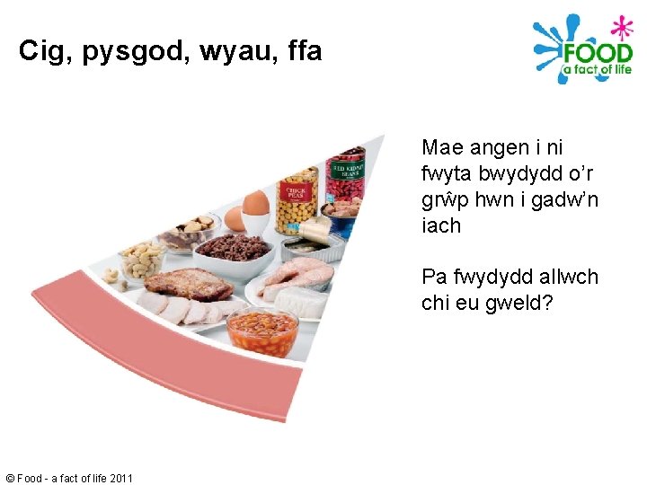 Cig, pysgod, wyau, ffa Mae angen i ni fwyta bwydydd o’r grŵp hwn i