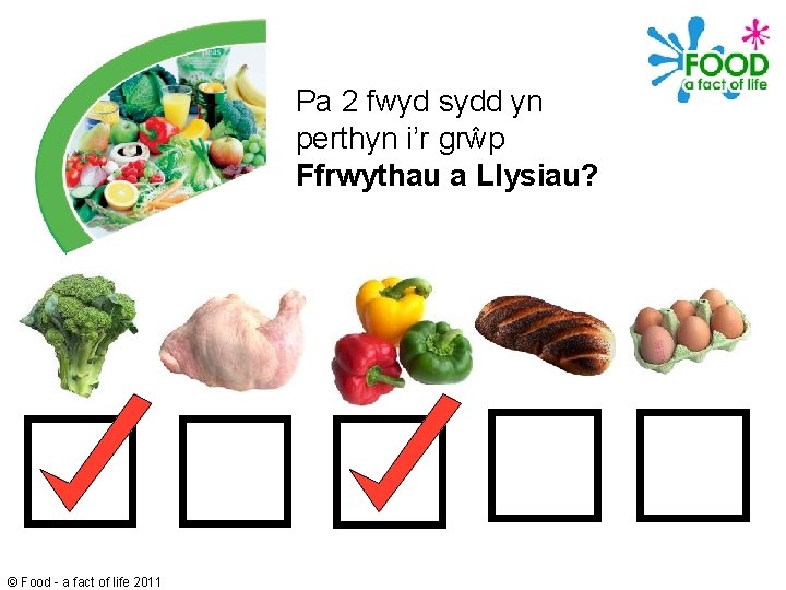 Pa 2 fwyd sydd yn perthyn i’r grŵp Ffrwythau a Llysiau? © Food -