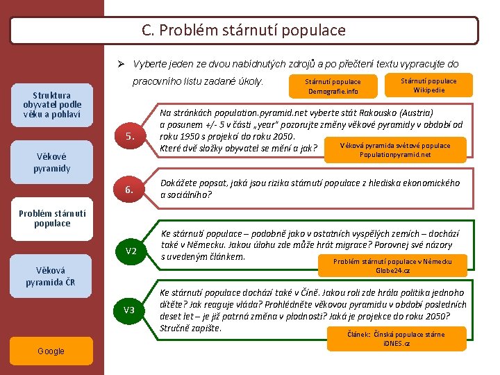 Přirozená měna obyvatel C. Problém stárnutí populace Ø Vyberte jeden ze dvou nabídnutých zdrojů