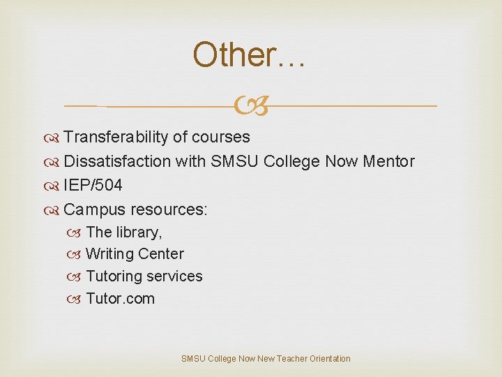 Other… Transferability of courses Dissatisfaction with SMSU College Now Mentor IEP/504 Campus resources: The