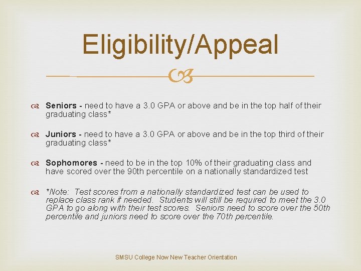 Eligibility/Appeal Seniors - need to have a 3. 0 GPA or above and be