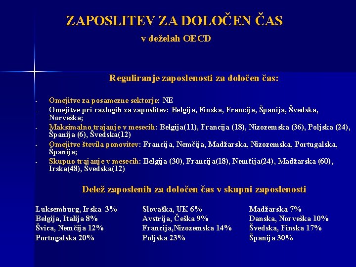 ZAPOSLITEV ZA DOLOČEN ČAS v deželah OECD Reguliranje zaposlenosti za določen čas: - Omejitve