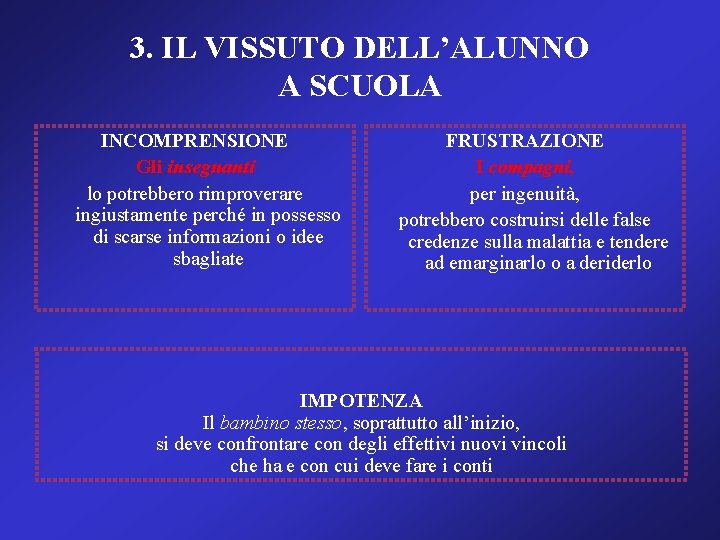 3. IL VISSUTO DELL’ALUNNO A SCUOLA INCOMPRENSIONE Gli insegnanti lo potrebbero rimproverare ingiustamente perché