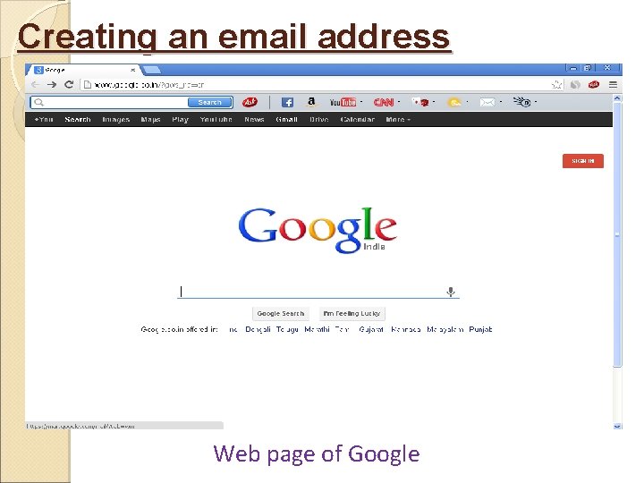 Creating an email address Web page of Google 