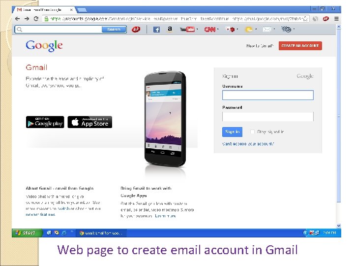 Web page to create email account in Gmail 