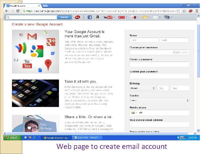 Web page to create email account 