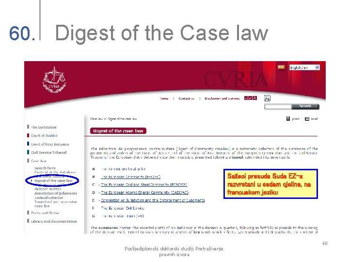 60. Digest of the Case law Sažeci presuda Suda EZ-a razvrstani u sedam cjelina,