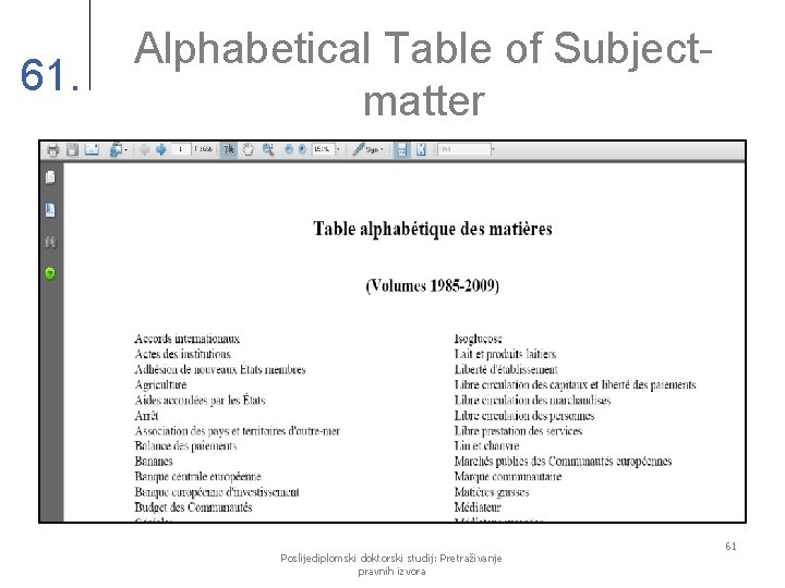 61. Alphabetical Table of Subjectmatter Poslijediplomski doktorski studij: Pretraživanje pravnih izvora 61 