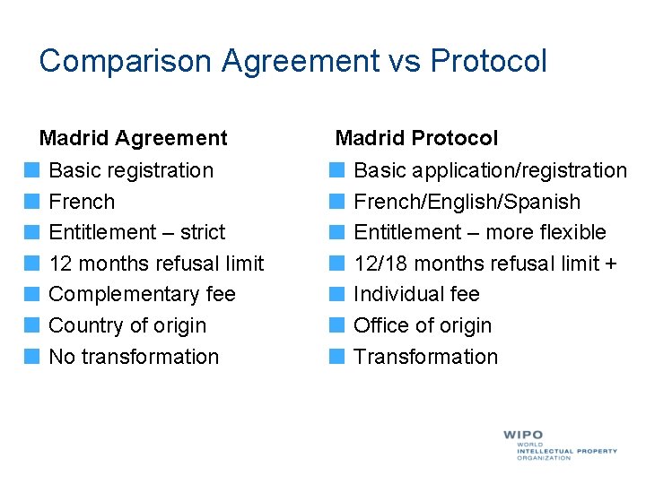 Comparison Agreement vs Protocol Madrid Agreement Basic registration French Entitlement – strict 12 months