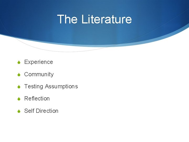 The Literature S Experience S Community S Testing Assumptions S Reflection S Self Direction