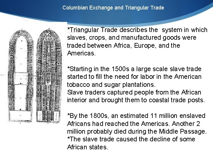 Columbian Exchange and Triangular Trade *Triangular Trade describes the system in which slaves, crops,