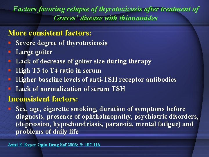 Factors favoring relapse of thyrotoxicosis after treatment of Graves’ disease with thionamides More consistent