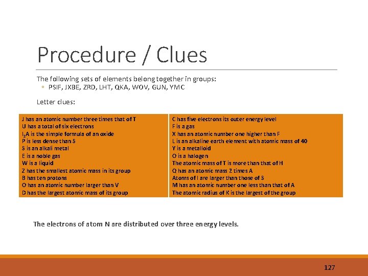 Procedure / Clues The following sets of elements belong together in groups: ◦ PSIF,