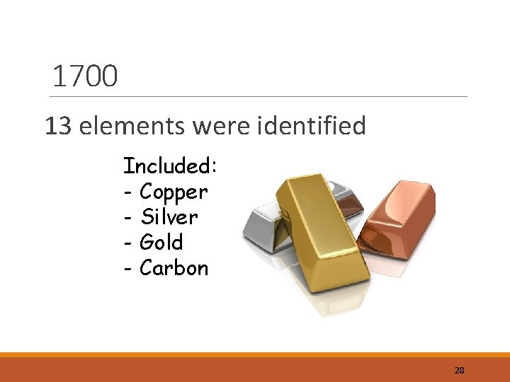 1700 13 elements were identified Included: - Copper - Silver - Gold - Carbon