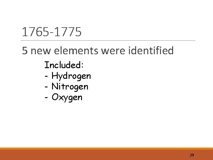 1765 -1775 5 new elements were identified Included: - Hydrogen - Nitrogen - Oxygen