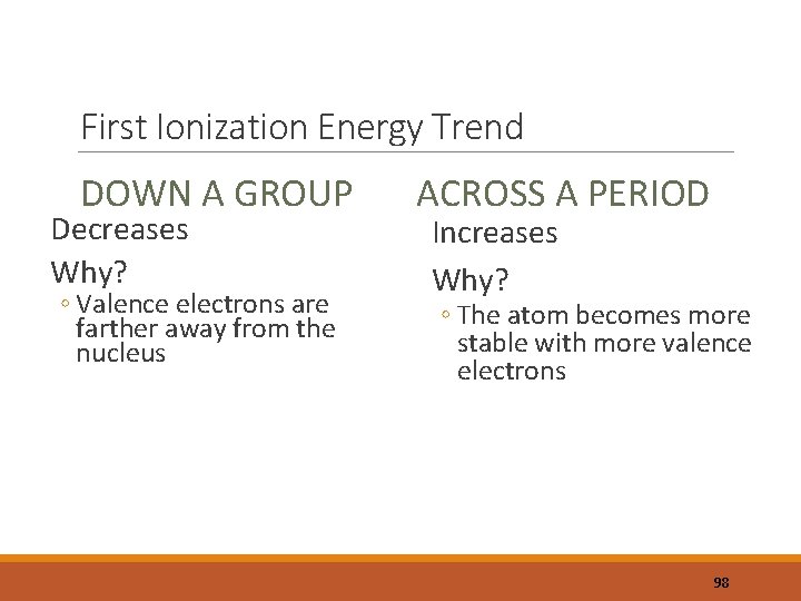 First Ionization Energy Trend DOWN A GROUP Decreases Why? ◦ Valence electrons are farther