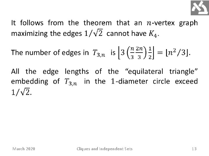  March 2020 Cliques and Independent Sets 13 