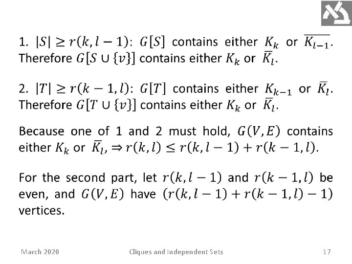  March 2020 Cliques and Independent Sets 17 