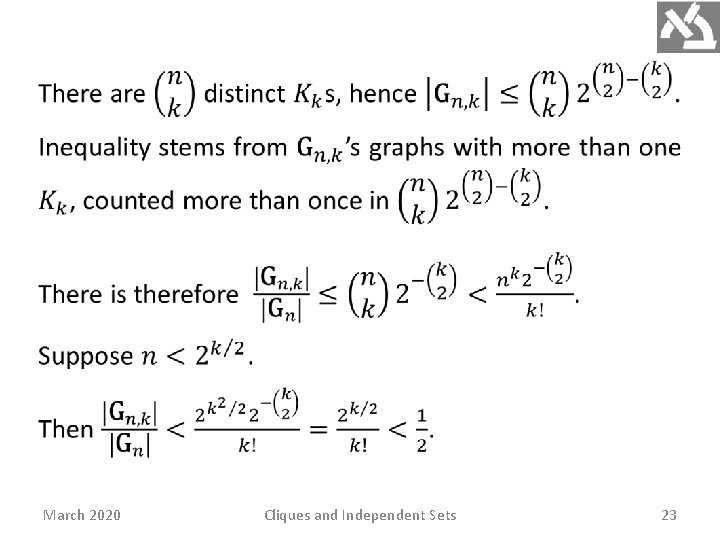  March 2020 Cliques and Independent Sets 23 