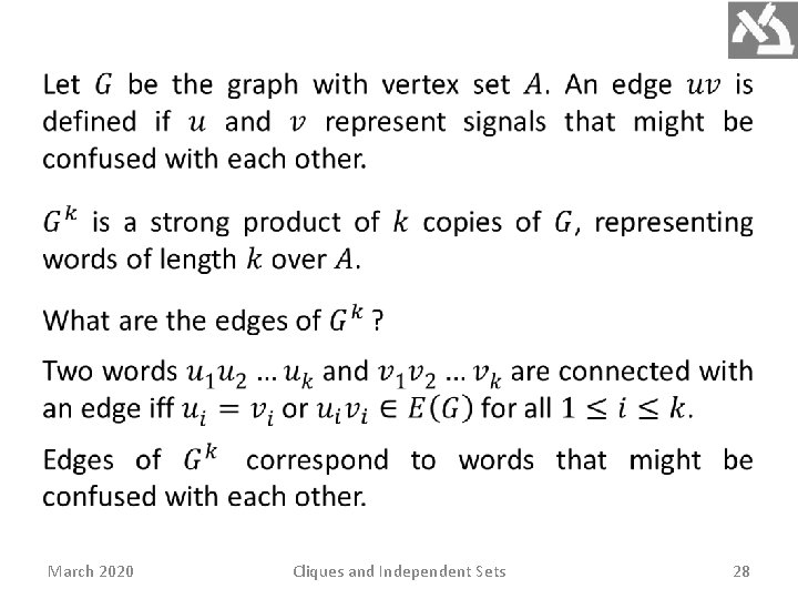  March 2020 Cliques and Independent Sets 28 