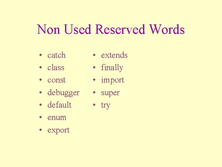 Non Used Reserved Words • • catch class const debugger default enum export •