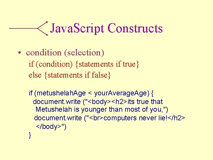 Java. Script Constructs • condition (selection) if (condition) {statements if true} else {statements if